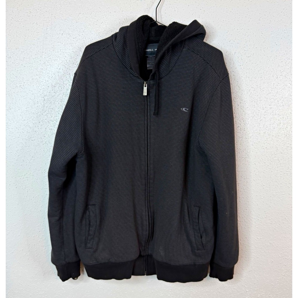 O'Neill Men's Full Zip Hooded Fleece Hoodie Black Gray Striped Size XL